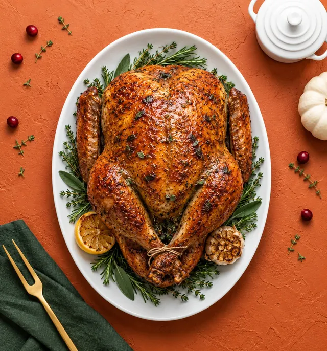 Classic herb-butter roast turkey on a platter