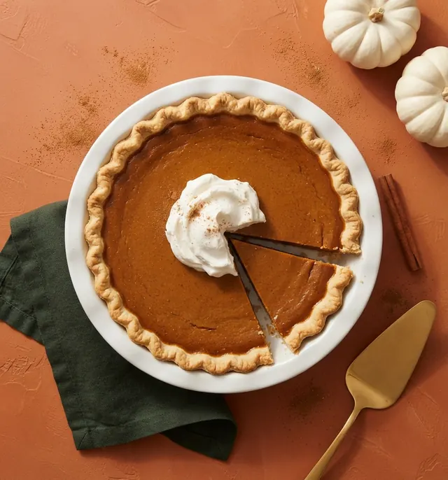 Pumpkin pie with one slice cut