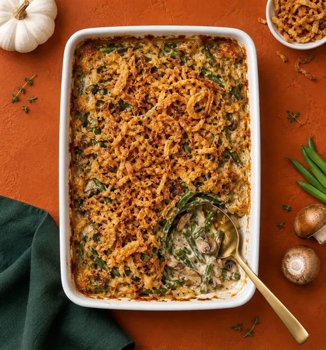Green bean casserole with crispy onions