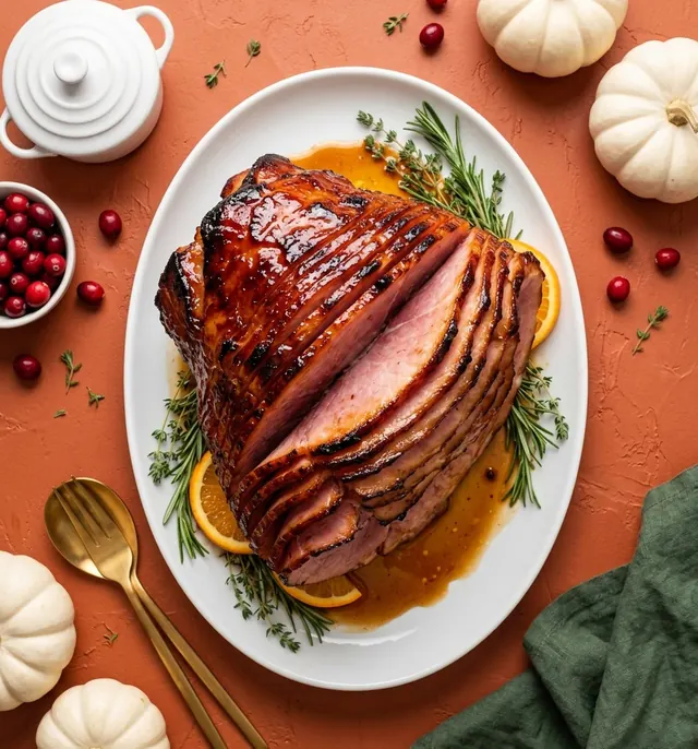 Honey-glazed ham on a platter