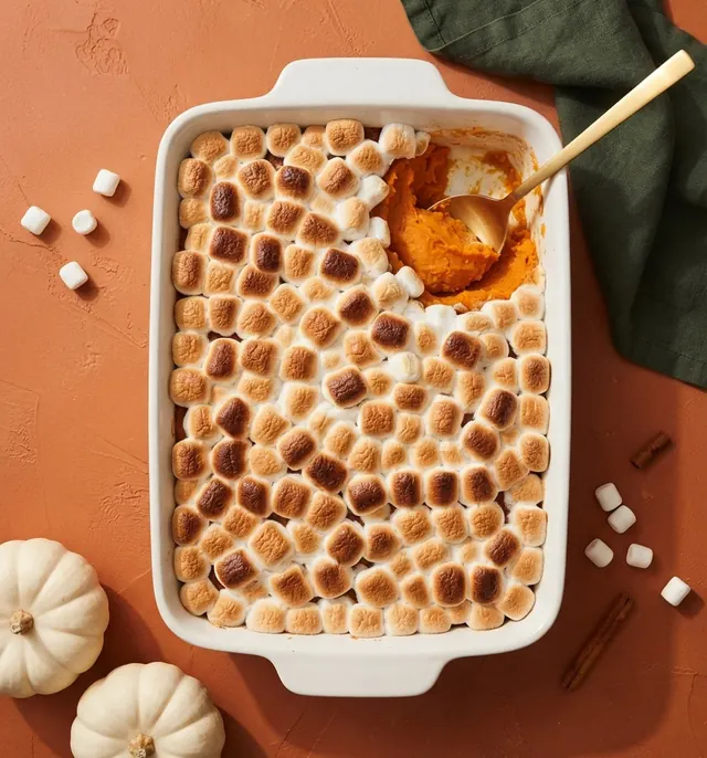 Sweet potato casserole topped with toasted marshmallows